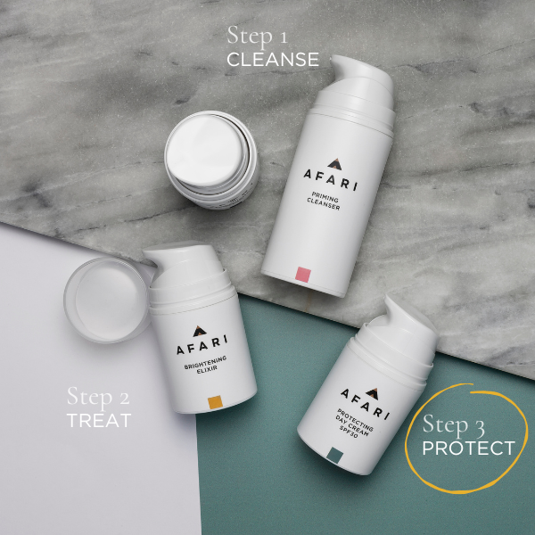 Step 3 of the Afari Skincare morning routine is to protect with one pump of our Afari Protecting Day Cream SPF30