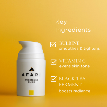 Key ingredients of the Afari Brightening Elixir include Bulbine, which smoothes and tightens and Vitamin C which evens skin tone